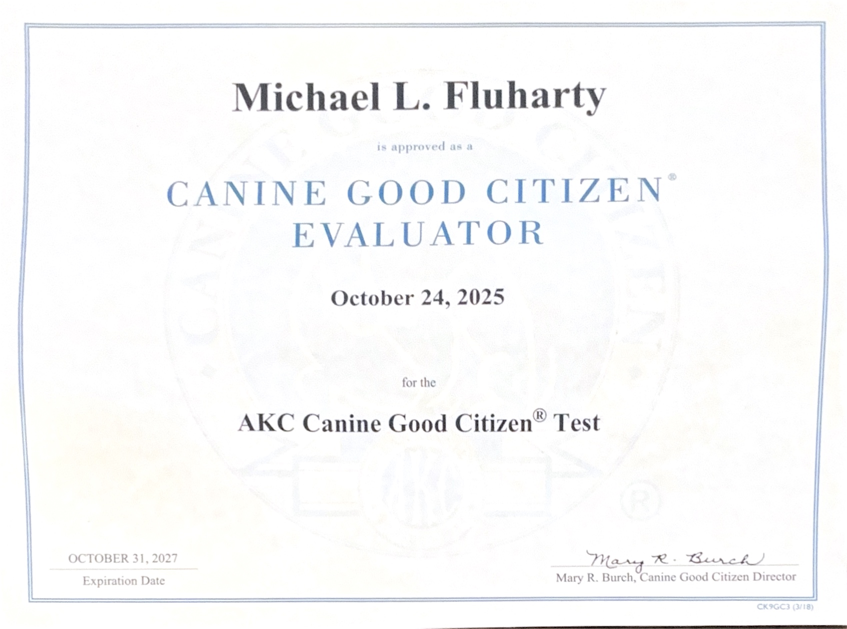 AKC Canine Good Citizen Evaluator Certificate