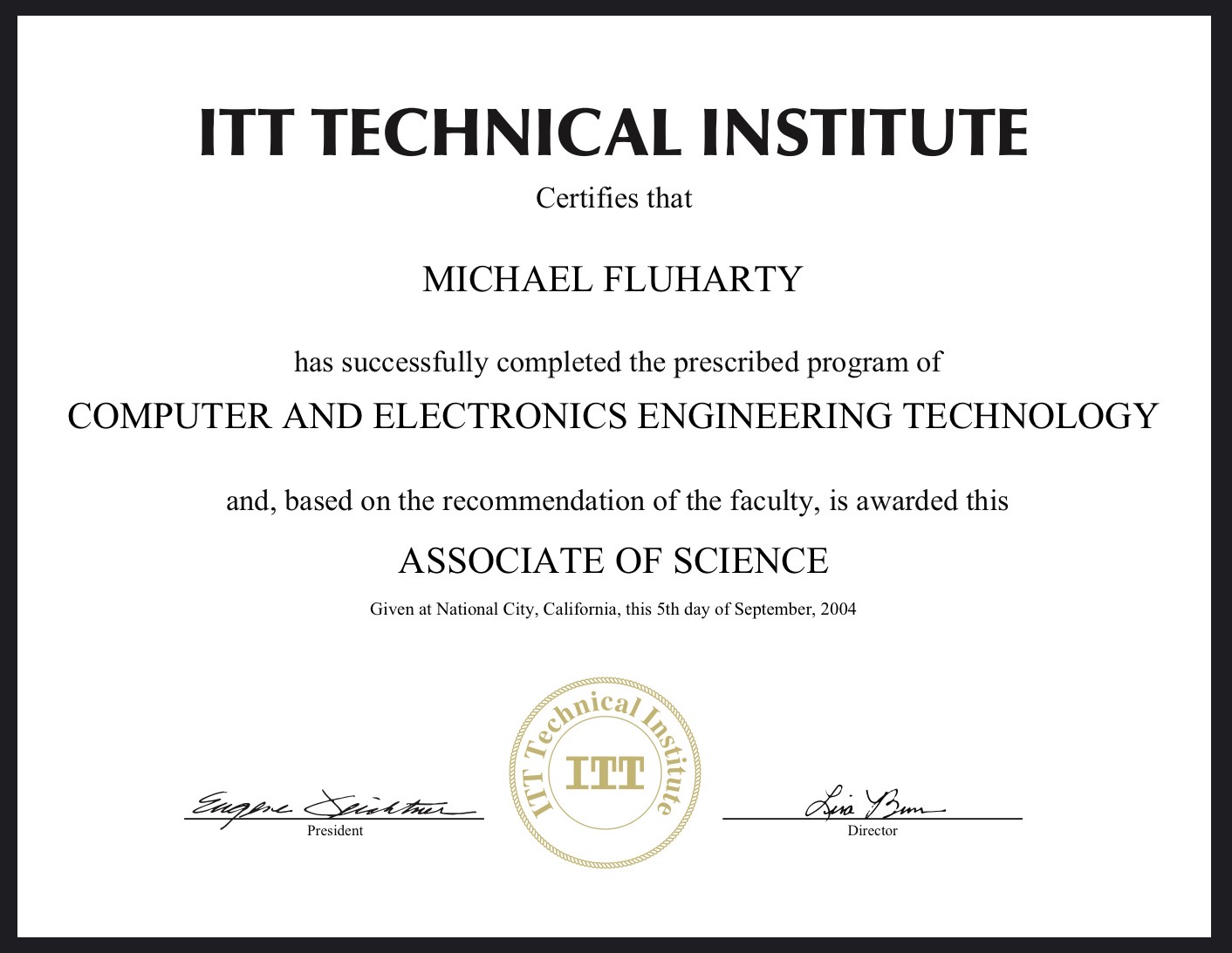 ITT Technical Institute Diploma - Associate of Science in Computer and Electronics Engineering Technology