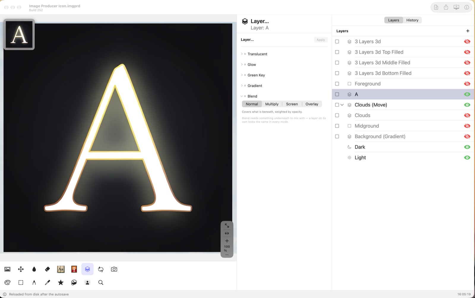 A glowing A on black, Blend set to Normal