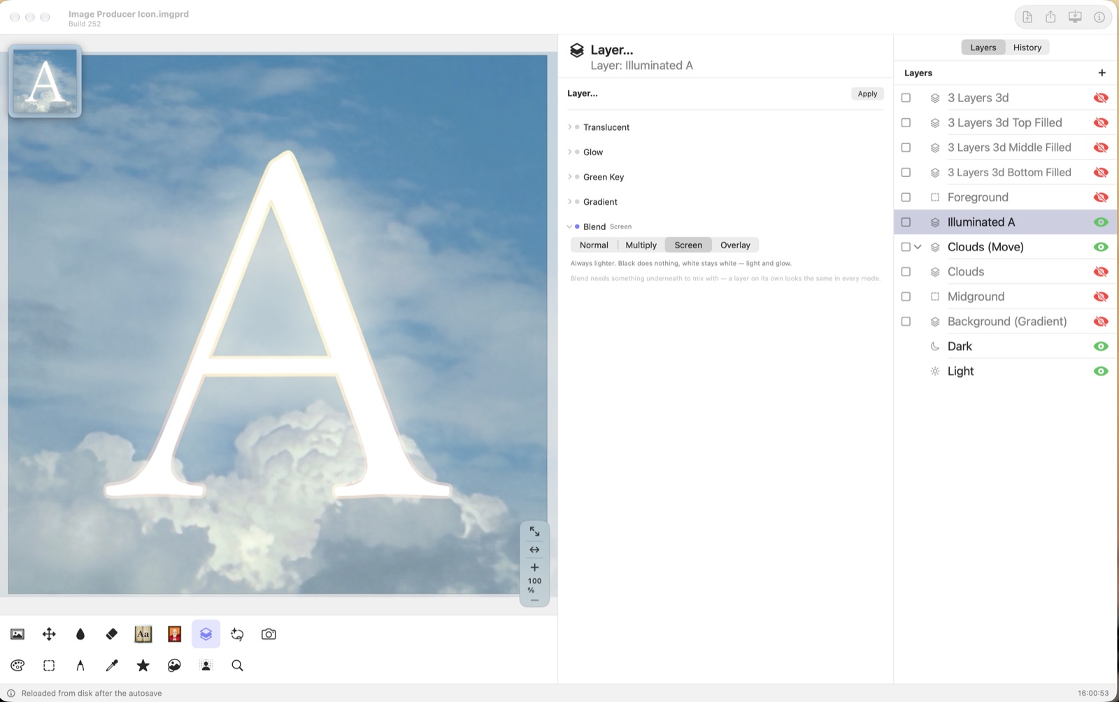 The A set to Screen over the clouds
