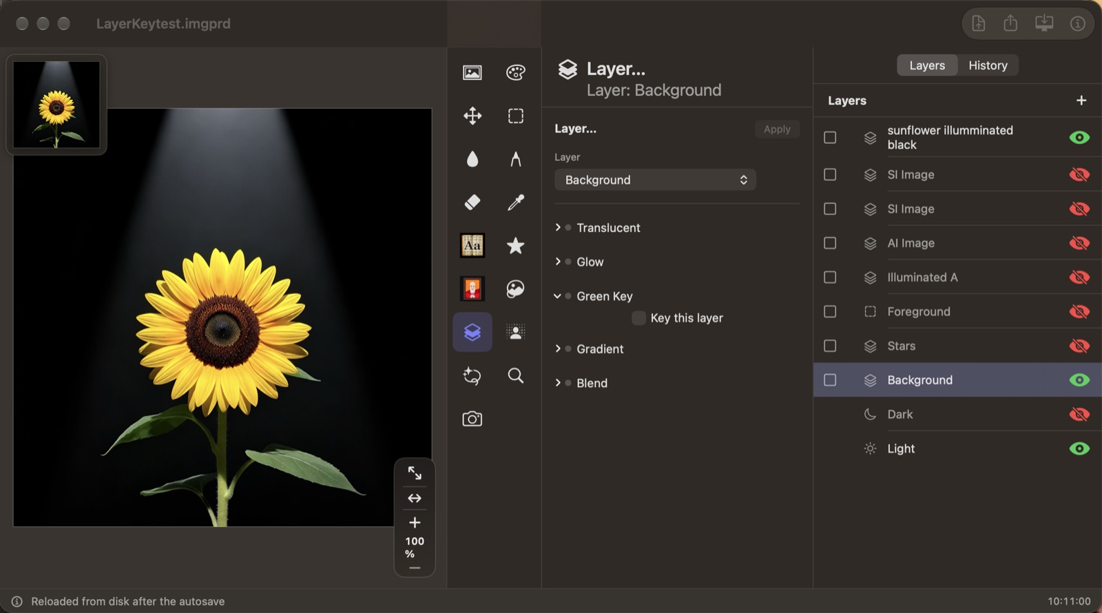 The Layer tool with Green Key open