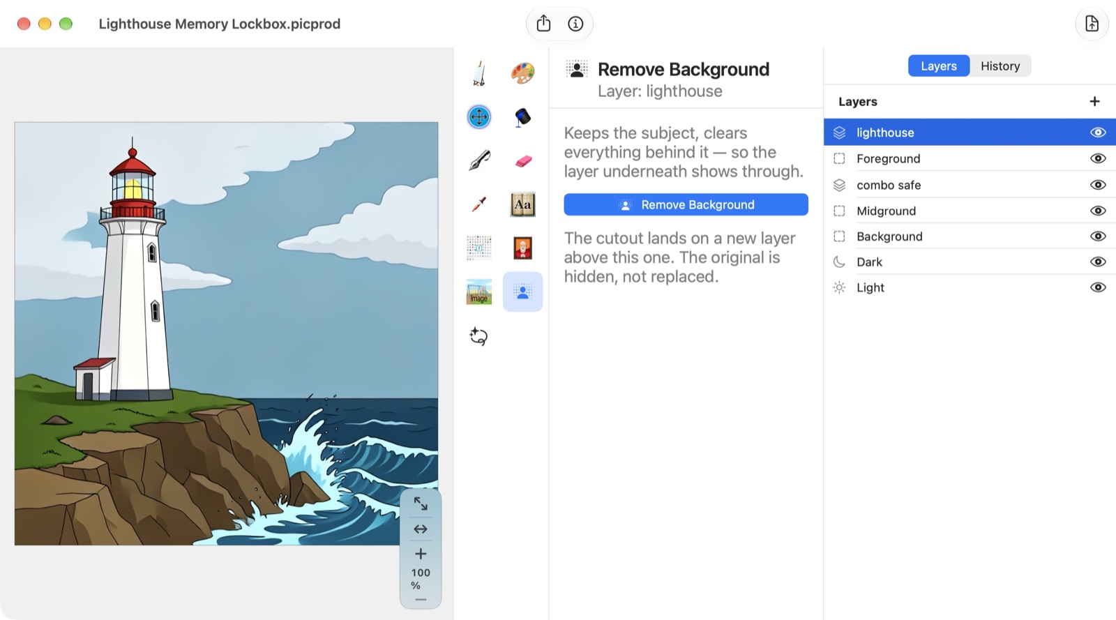 Remove Background ready on the lighthouse layer